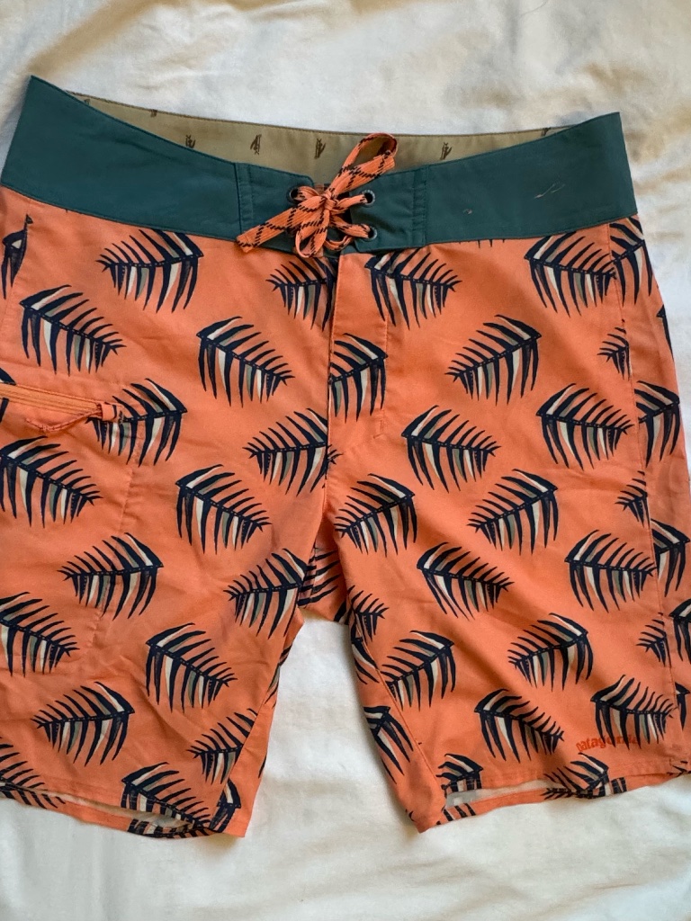Patagonia Menâs Board Shorts Size 30 Orange Fish Skeleton Print Swim Trunks
